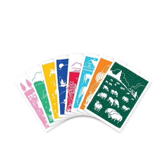 Skagit Valley Inspired 8-pack — fanned spread of eight letterpress greeting cards celebrating a year in Skagit Valley