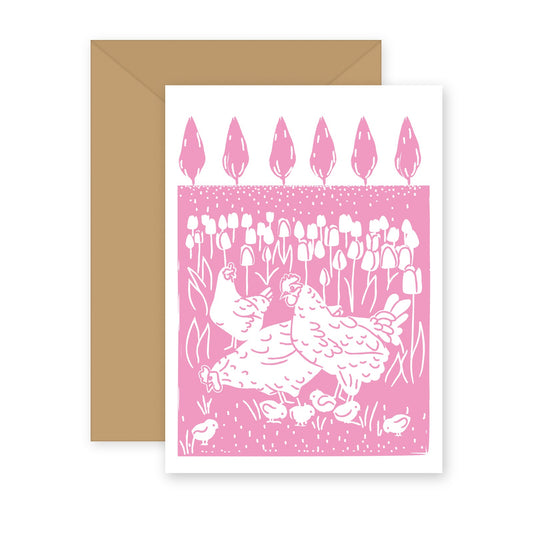 Chickens Among the Tulips letterpress greeting card with kraft envelope — hens and chicks in a Skagit Valley tulip field