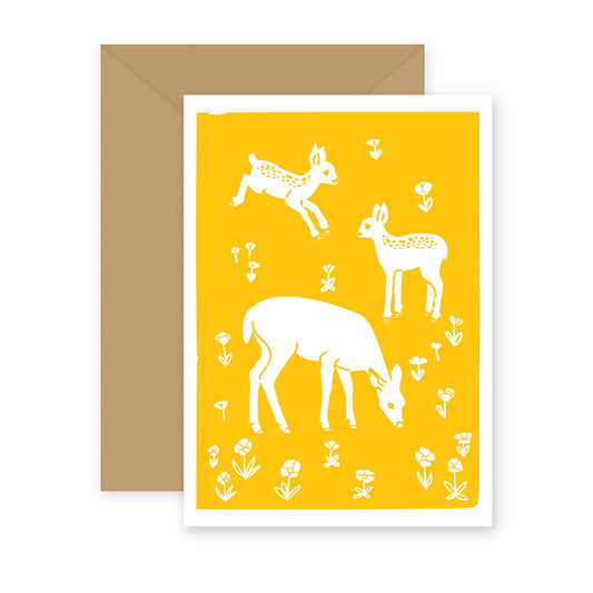 Fawns in the Wildflowers letterpress greeting card with kraft envelope — a doe and fawns playing among wildflowers