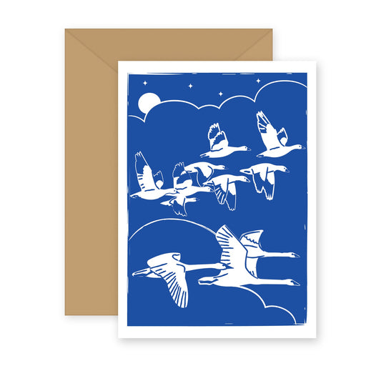 Winter Flight letterpress greeting card with kraft envelope — snow geese and swans flying over Skagit Valley by moonlight