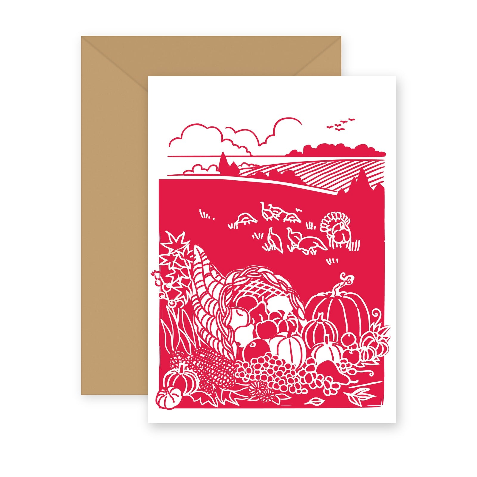 Skagit Harvest letterpress greeting card with kraft envelope — cornucopia of autumn produce with wild turkeys in the fields