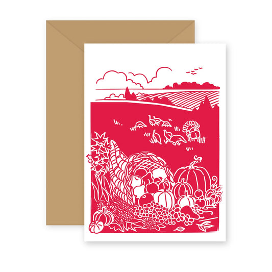 Skagit Harvest letterpress greeting card with kraft envelope — cornucopia of autumn produce with wild turkeys in the fields