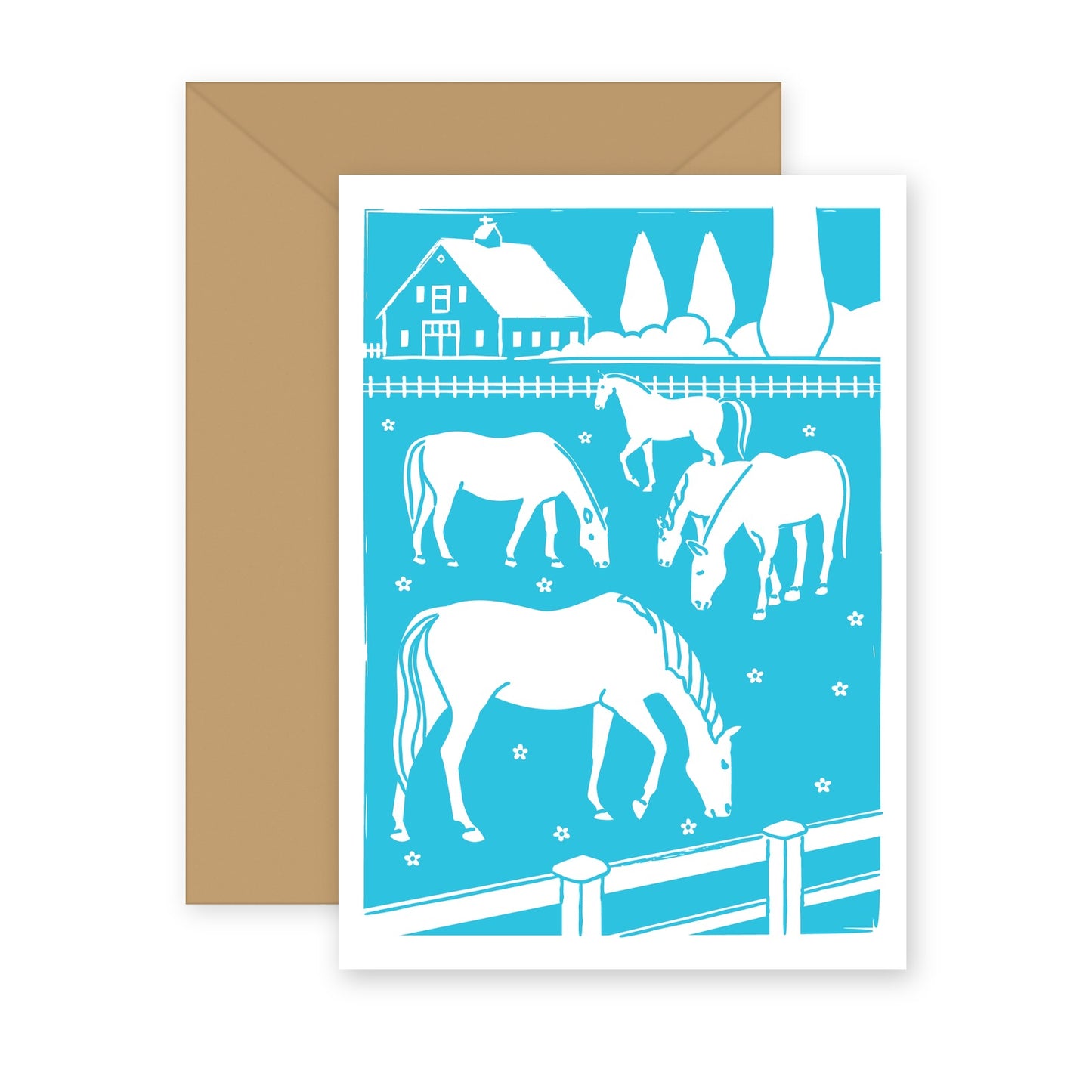 Horses at Pasture letterpress greeting card with kraft envelope — horses grazing in a fenced pasture below a farmhouse