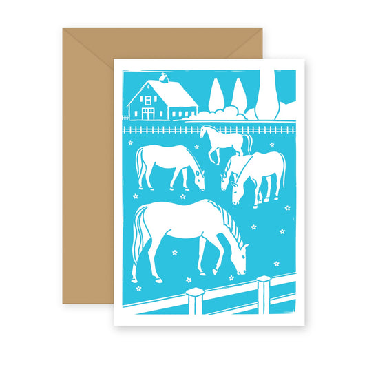 Horses at Pasture letterpress greeting card with kraft envelope — horses grazing in a fenced pasture below a farmhouse