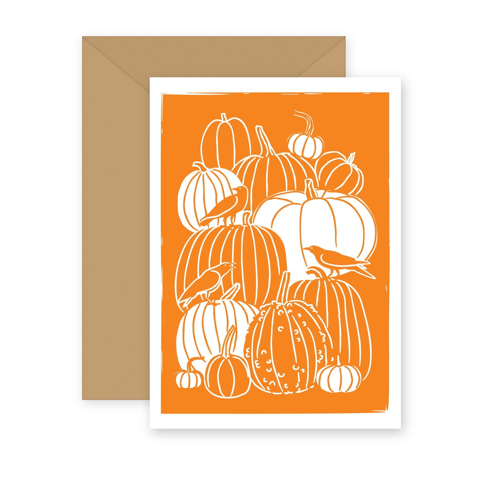 Pumpkin Patch Crows letterpress greeting card with kraft envelope — crows perched on a pile of pumpkins