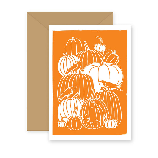 Pumpkin Patch Crows letterpress greeting card with kraft envelope — crows perched on a pile of pumpkins